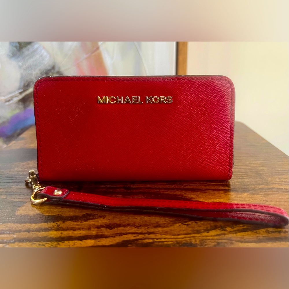 MICHAEL KORS Wristlet Red Leather Bifold Wallet Medium Phone Clutch 6x3 Logo
